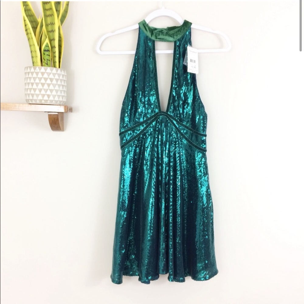 Free People Film Noir Green Sequin Mini Dress